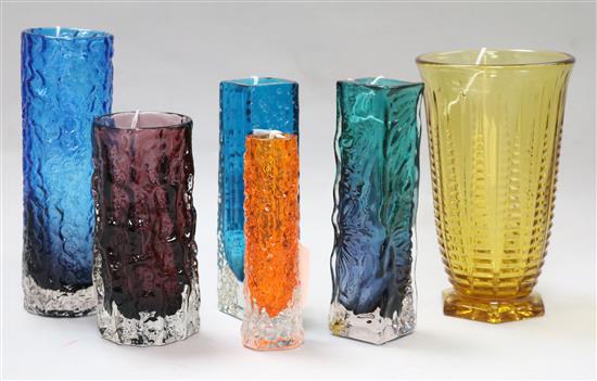 A Whitefriars celery vase in gold and five textured vases, various, largest 20cm.